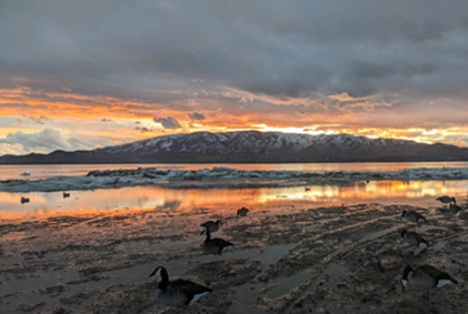 Warm glow of the sunset over an icy cold lake waterfowl hunting sunset