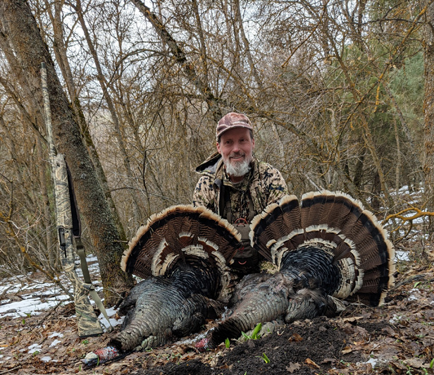With my two mature early season spring turkeys two long beard turkeys